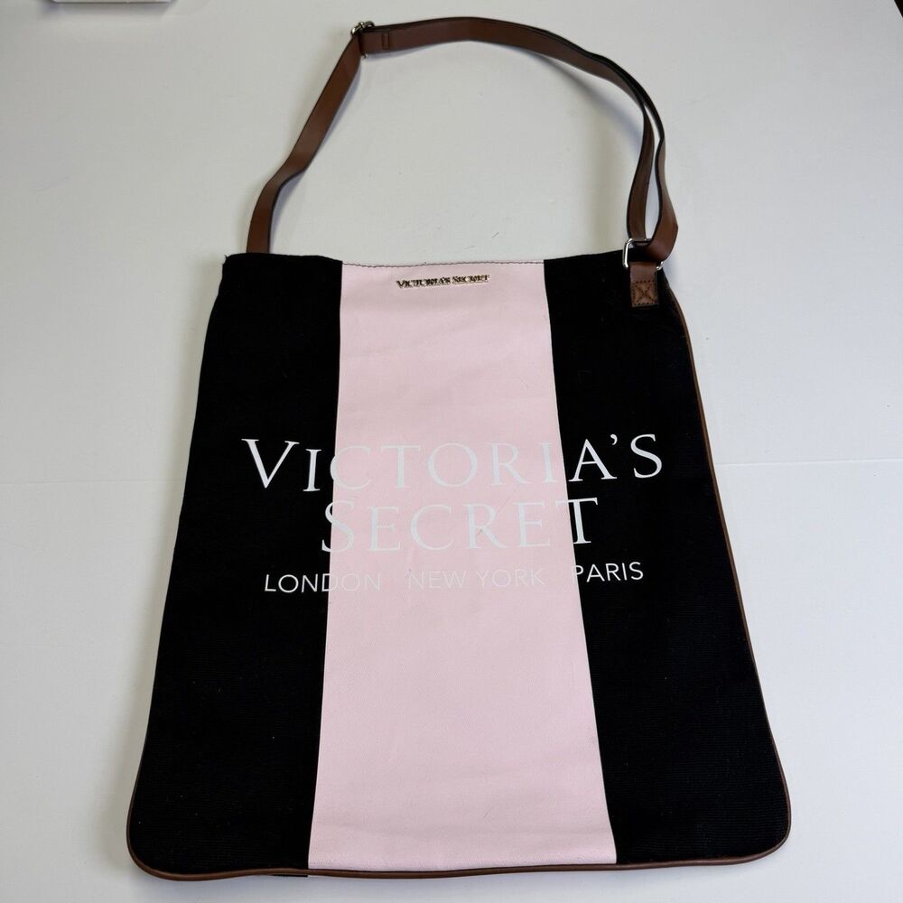 Victoria's Secret VS Black Pink Colorblock Canvas Tote Messenger Crossbody Bag